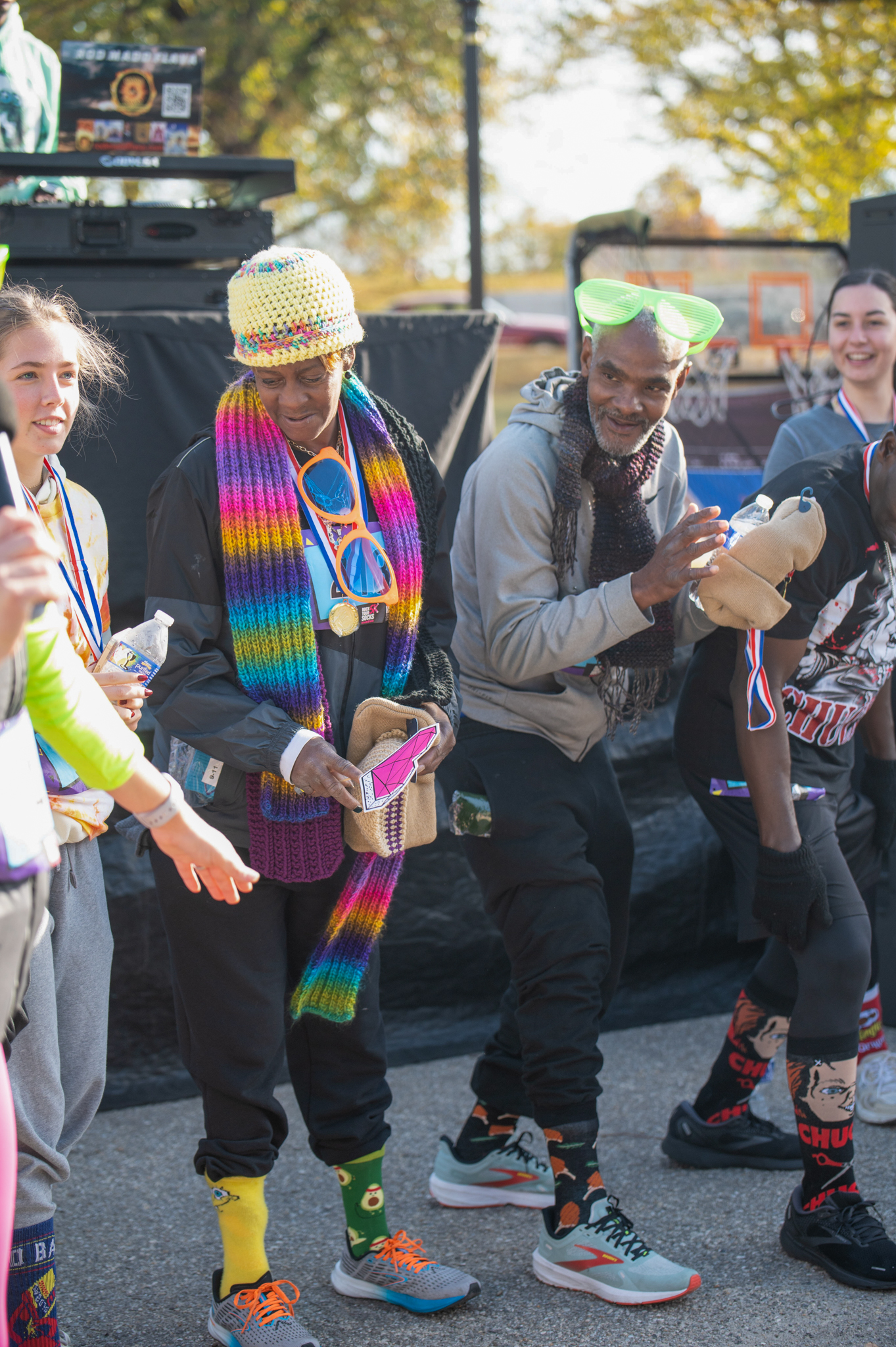 Participants in the sock contest stand in line