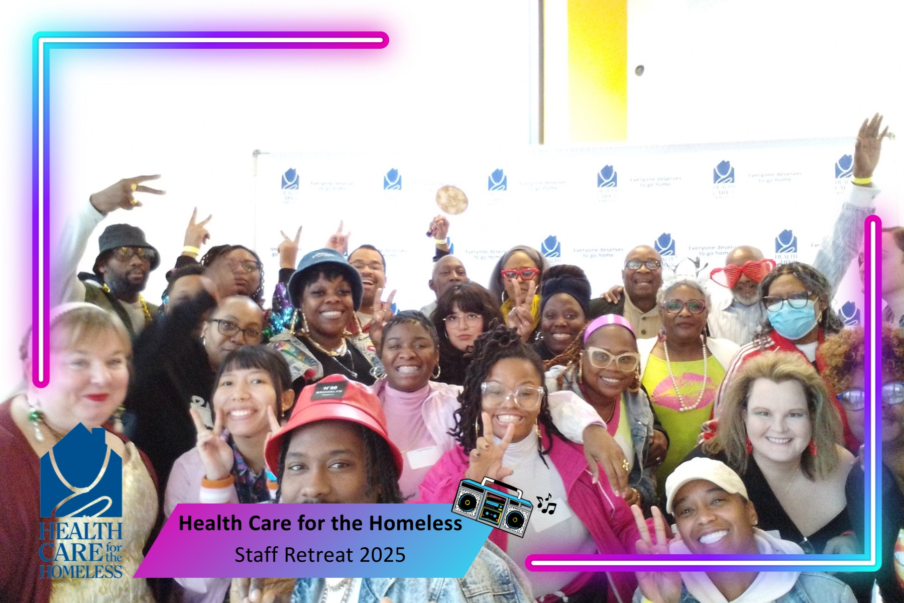 Large in front of a blue and white backdrop