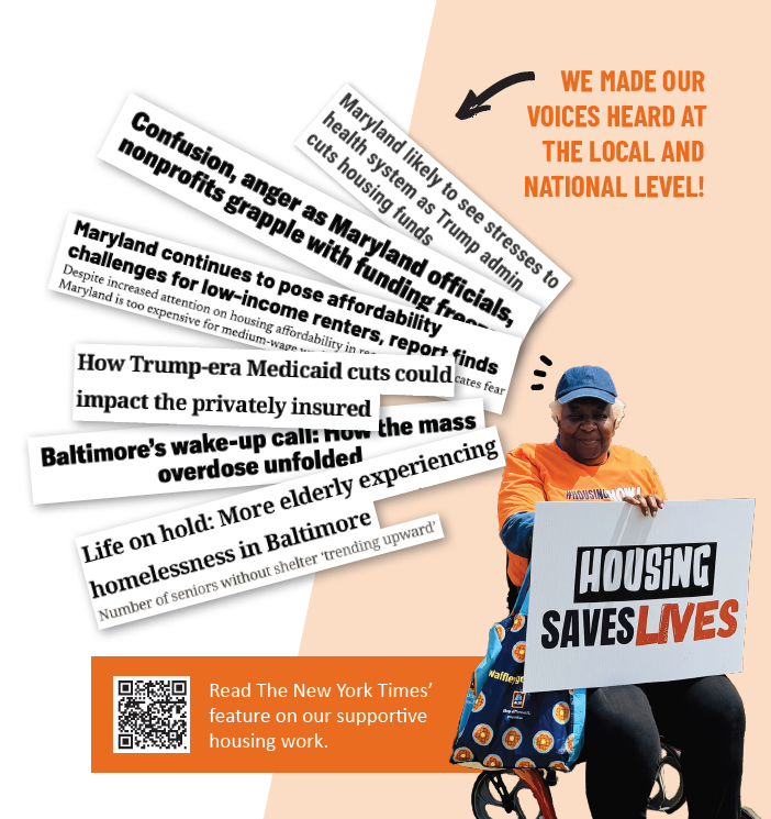Six newspaper headline cutouts fan out from a woman holding a sign that reads, "Housing Saves Lives"