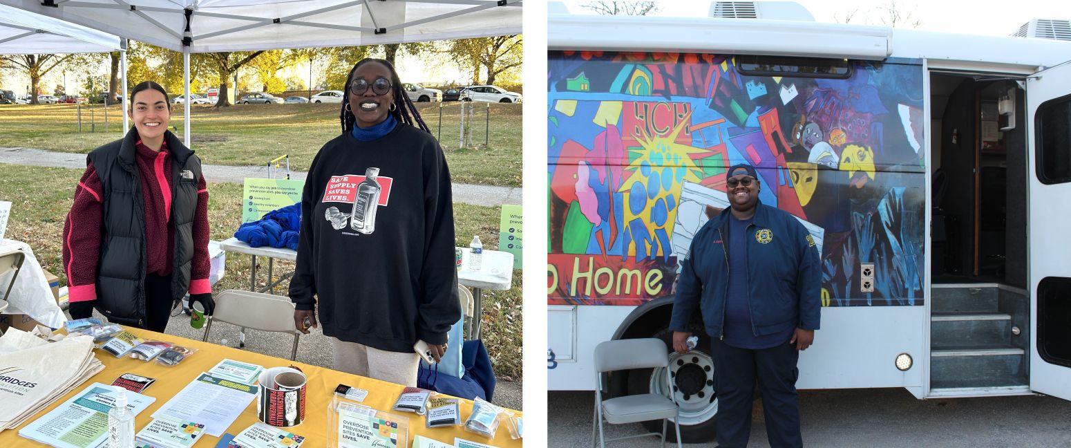 (L) Members of Baltimore Harm Reduction Coalition at a table under a tent (R) A man stands in front of the Health Care for the Homeless Mobile Clinic