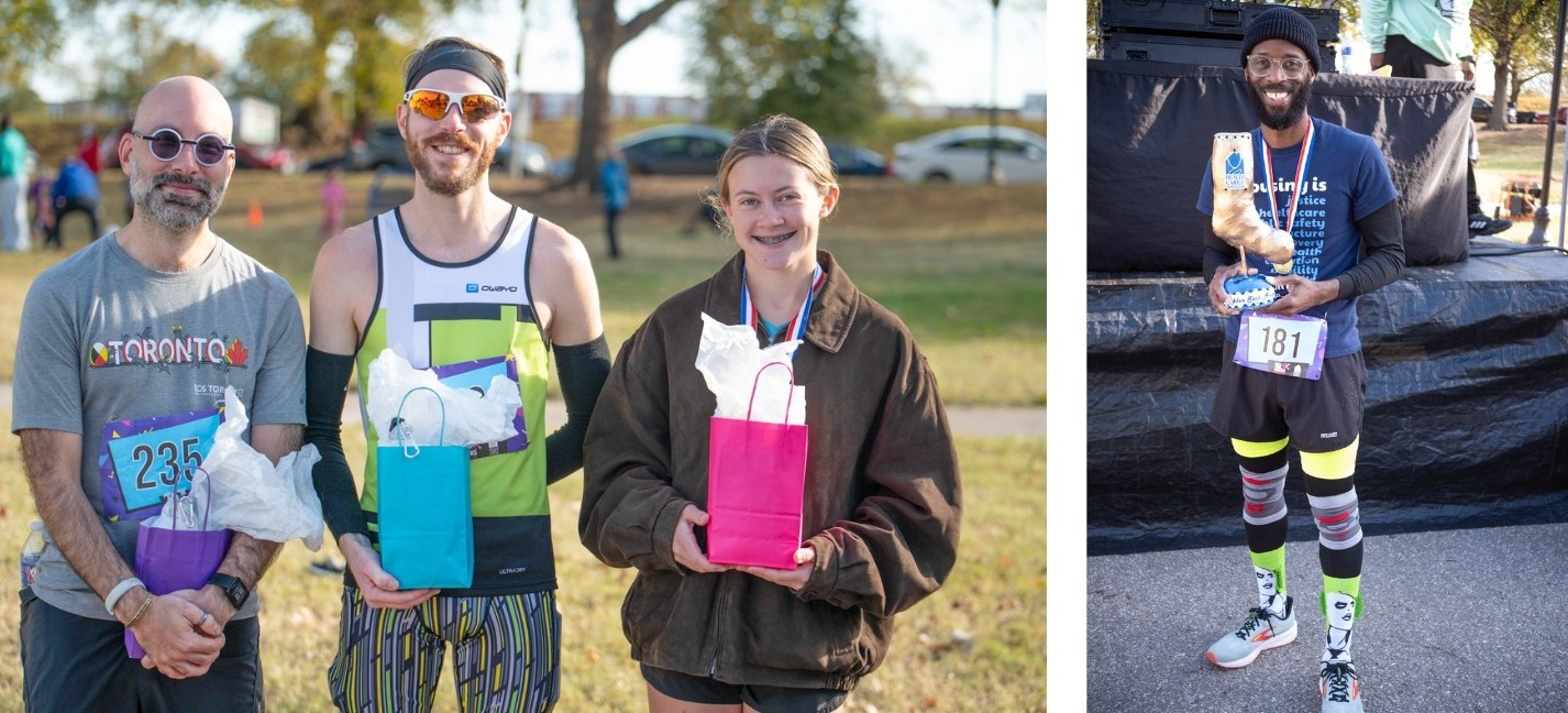 (L) Three people hold gift bags (R) A man holds a golden trophy of a sock
