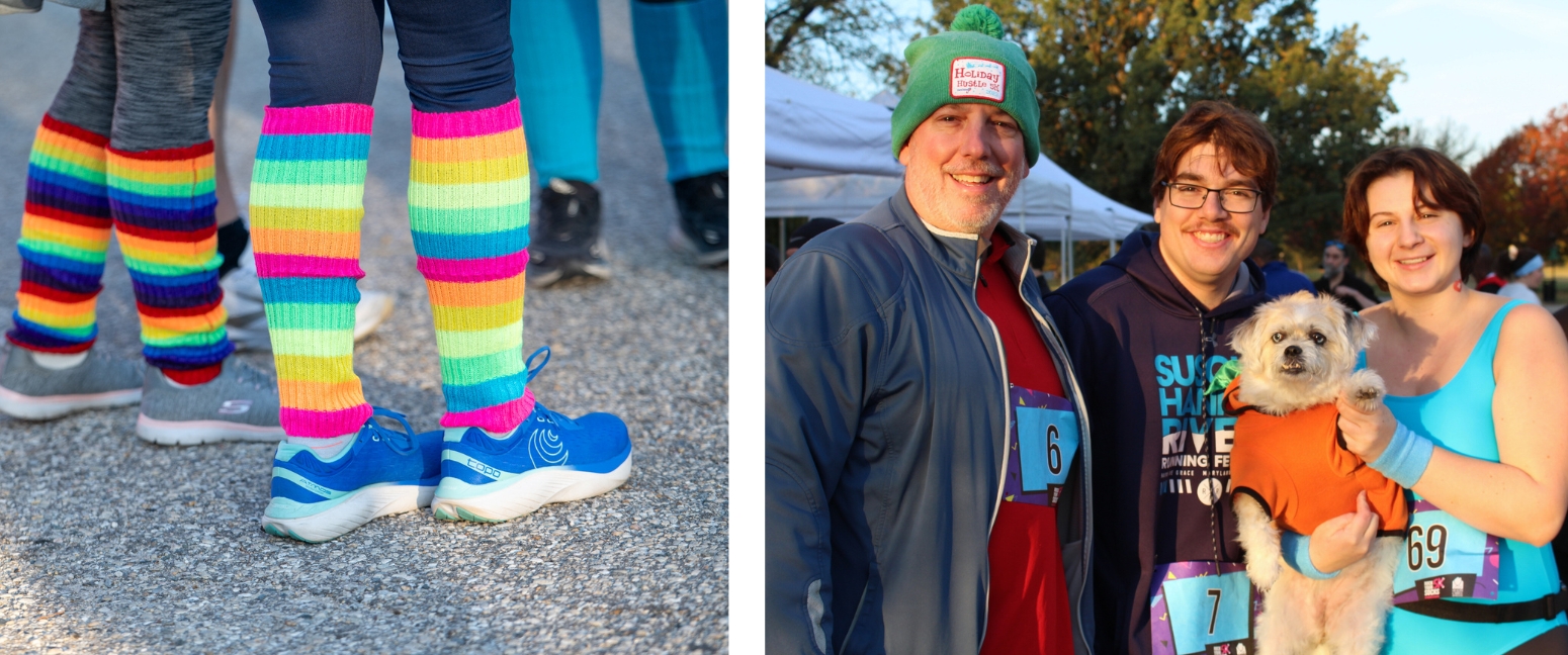 (L) Rainbow striped socks (R) Three people smile. One is holding a small dog.
