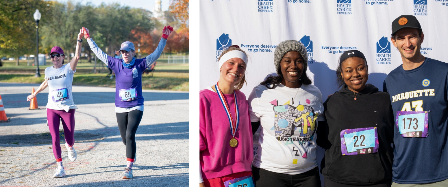 (L) Two people raise their arms and hold hands while running (R) Four people pose in front of a Health Care for the Homeless backdrop.