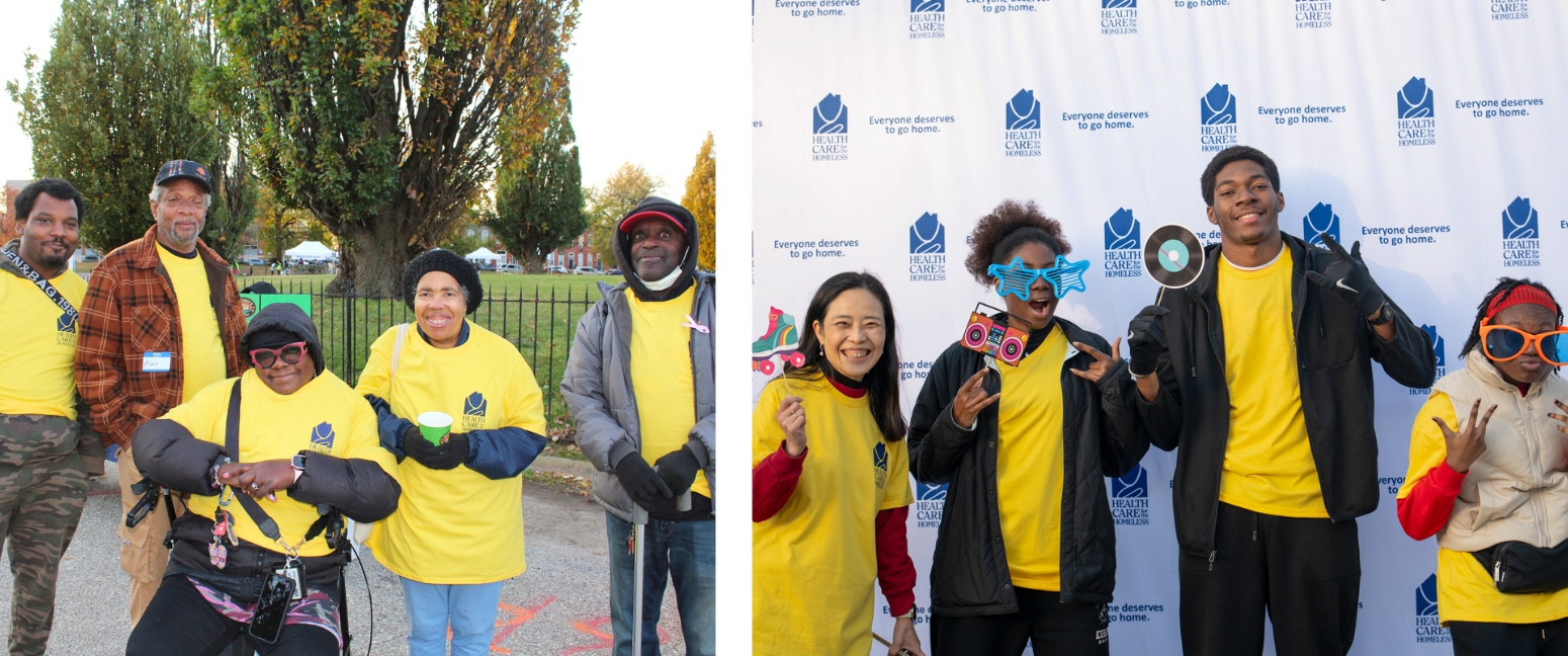 (L) A group of volunteers in yellow shirts (R) Four volunteers in yellow shirts in front of the Health Care for the Homeless backdrop