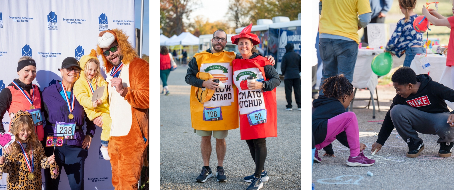 (L) A group of adults and children in Halloween costumes (C) Two people dressed as mustard and ketchup (R)Two children draw with chalk