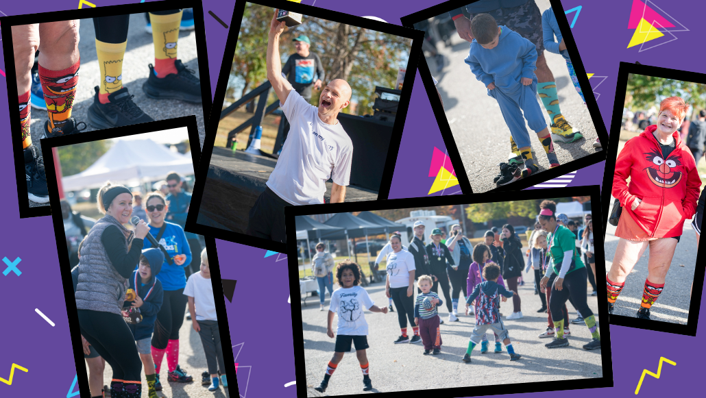 Images from Rock Your Socks 5K 2024 of participants showing off wacky outfits and colorful socks.