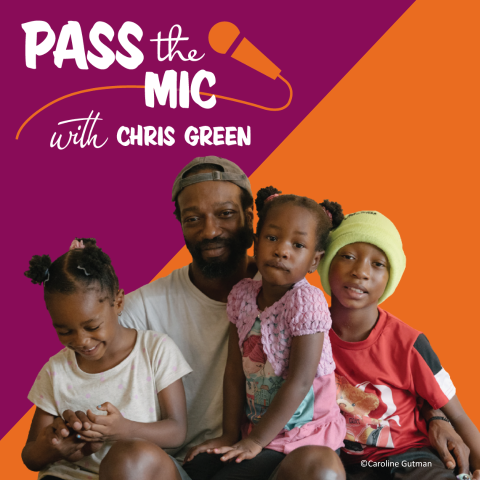 A man sits with three children in front of an orange and purple background with the text "Pass the Mic with Chris Green" and a microphone graphic.