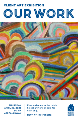 Client Art Show on April 30 from 5-7PM at 421 Fallsway. RSVP at hchmd.org. Poster features a multicolored drawing of curved and straight lines.