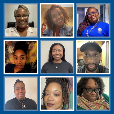 Nine staff portraits arranged in a 3-by-3 grid with a blue border.