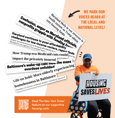 A woman in a baseball hat sits holding a "Housing saves lives" sign. There are newsletter headlines cut out around her with text at the top of the graphic that says "We made our voices heard at the local and national level!"