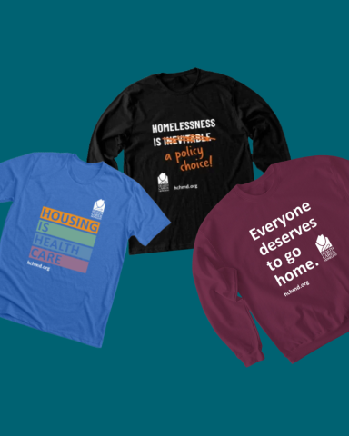 Health Care for the Homeless branded t-shirt, long sleeve and sweatshirt