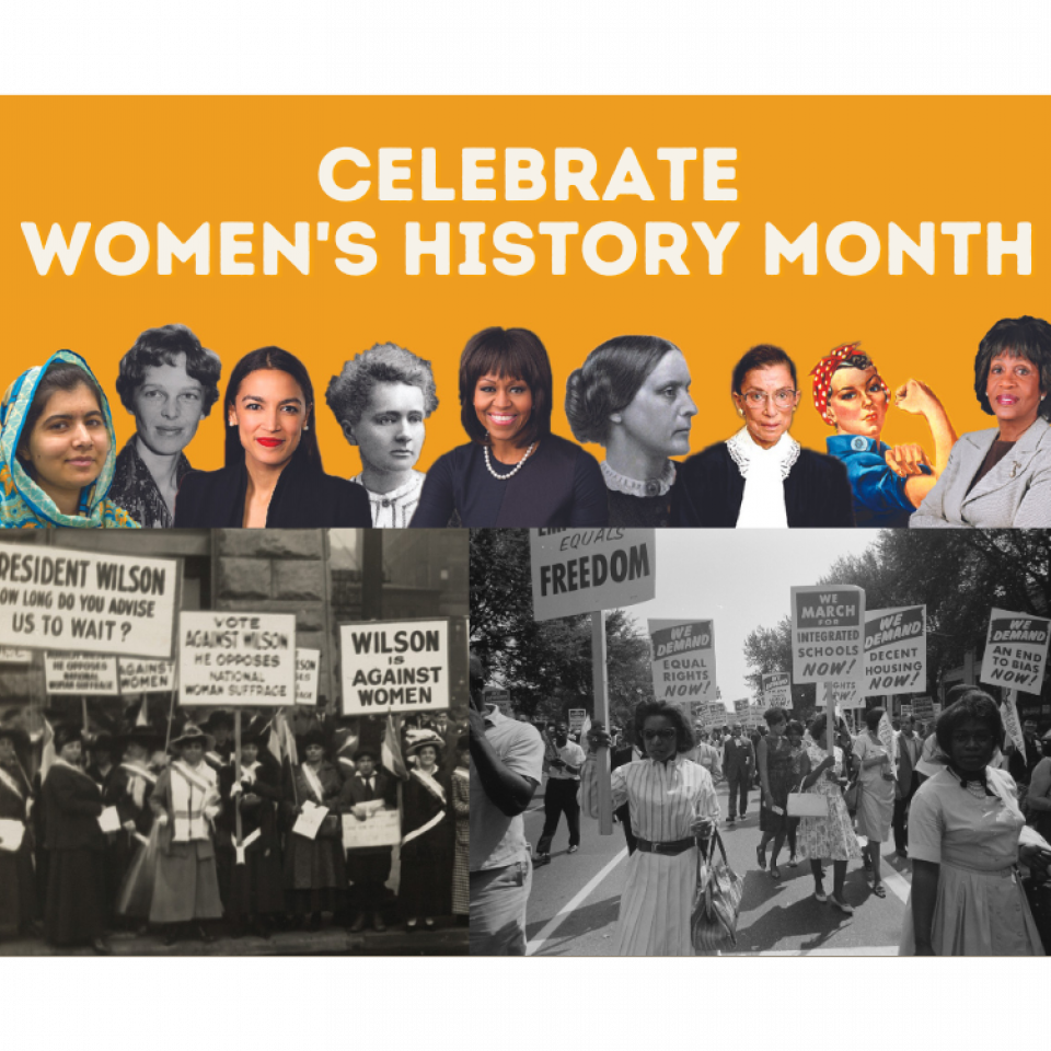 Various figures and scenes of women's history featuring women's history month