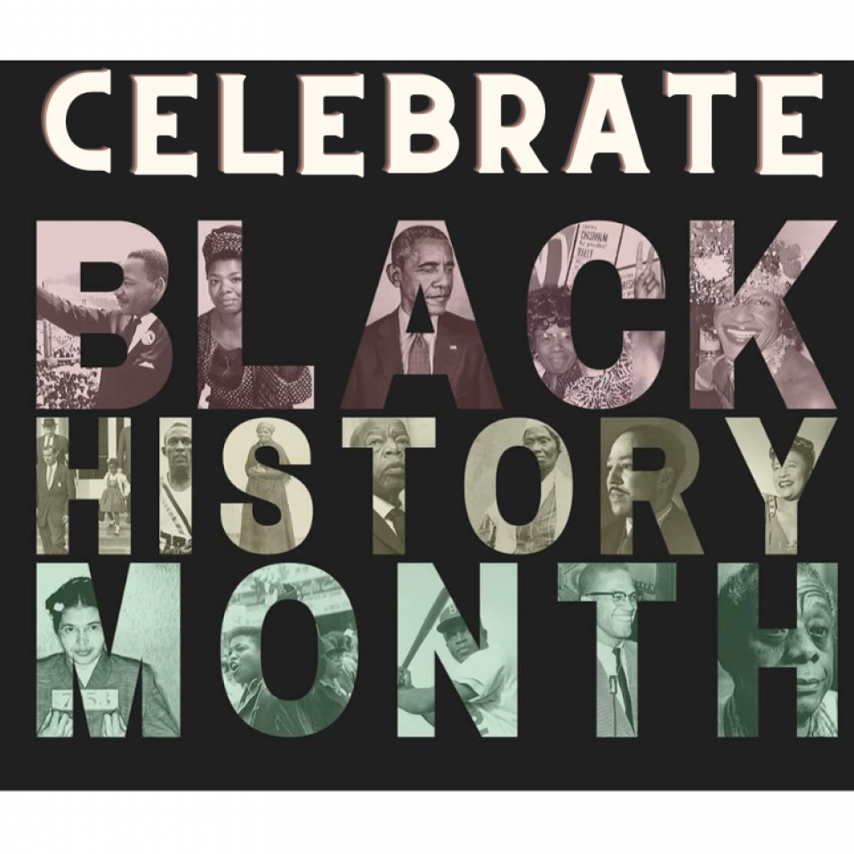 The Words Black History Month with figures featured in the words. The figures include Martin Luther King Jr., Rosa Parks, Barack Obama, and more. 