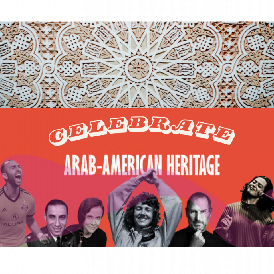 Celebrate Arab American Heritage Month in white over an orange background with Arab American figures in grey at the bottom. 