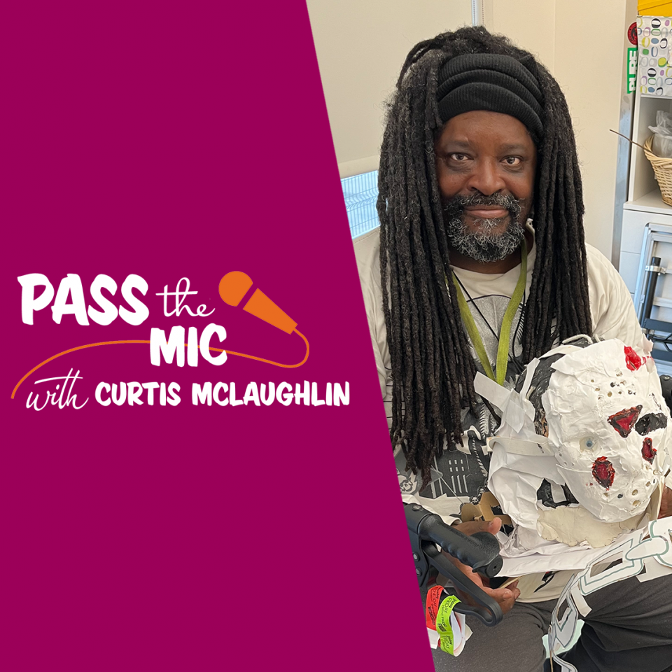 Magenta Pass the Mic with Curtis McLaughlin graphic, next to a photo of a dark-skinned man with long dreadlocks holding up artwork