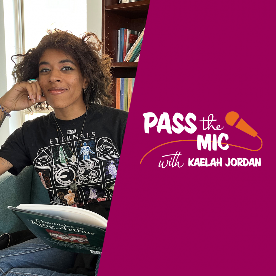 Brown-skinned woman smiles at the camera with a book on her lap; a magenta graphic reads "Pass the Mic with Kaelah Jordan"