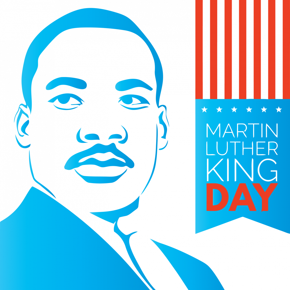 A color blocked image of MLK with a flag featuring the words Martin Luther King Day, 