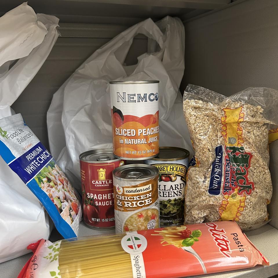 Food items on a shelf inside a closet