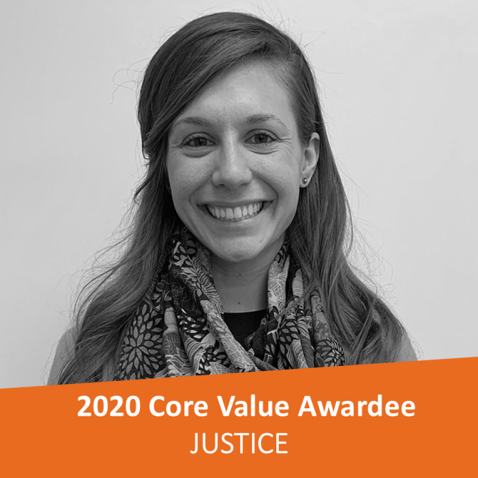 Light-skinned woman with long hair. Banner notes 2020 Core Value Awardee.