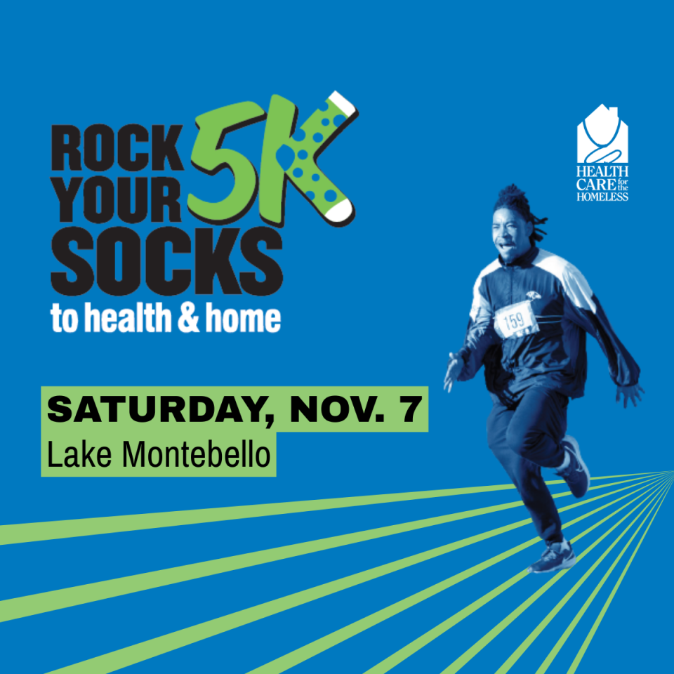 Rock Your Socks logo over a photo of participants doing yoga.
