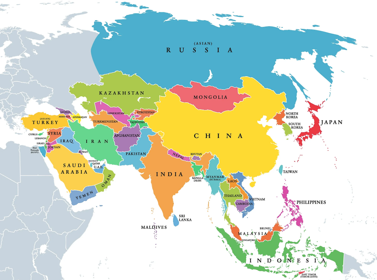 A map showing countries considered to be part of Asia