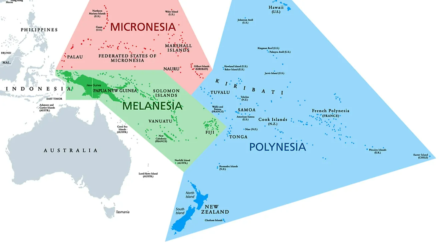 A map depicting Melanesia, Micronesia and Polynesia. 